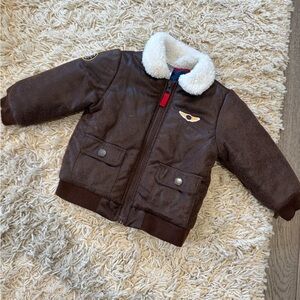Brown Faux Leather Aviator Jacket with Shearling Collar